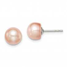 Quality Gold Sterling Silver 7-8mm Pink FW Cultured Button Pearl Stud Earrings - QE12685