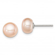 Quality Gold Sterling Silver 8-9mm Pink FW Cultured Button Pearl Stud Earrings - QE7676