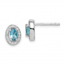 Quality Gold Sterling Silver Rhodium-plated   Light Blue & White CZ Oval Stud Earrings - QE12555