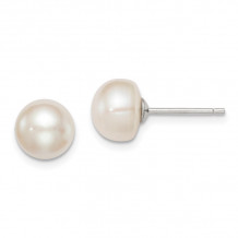 Quality Gold Sterling Silver 8-9mm White FW Cultured Button Pearl Stud Earrings - QE7646