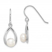 Quality Gold Sterling Silver Rhod-plat 6-7mm White Button FWC Pearl Dangle Earrings - QE15357