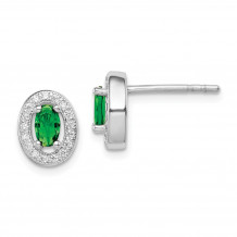Quality Gold Sterling Silver Rhodium-plated   Green & White CZ Oval Stud Earrings - QE12557