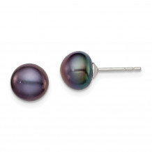 Quality Gold Sterling Silver 7-8mm Black FW Cultured Button Pearl Stud Earrings - QE12668