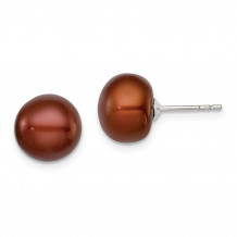 Quality Gold Sterling Silver 9-10mm Brown FW Cultured Button Pearl Stud Earrings - QE12674