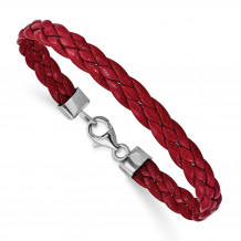 Quality Gold Sterling Silver Rhodium-plated Red Braided Leather Bracelet - QG1847-7