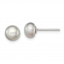 Quality Gold Sterling Silver 6-7mm Grey FW Cultured Button Pearl Stud Earrings - QE12677