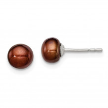 Quality Gold Sterling Silver 5-6mm Brown FW Cultured Button Pearl Stud Earrings - QE12672