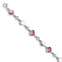 Quality Gold Sterling Silver RH-plated Clear & Pink Crystal Hearts   Bracelet - QG4913-6.5
