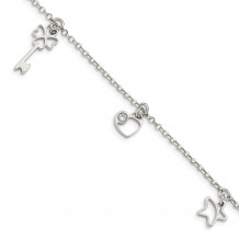 Quality Gold Sterling Silver CZ Heart Star & Key Bracelet - QG4892-6.5