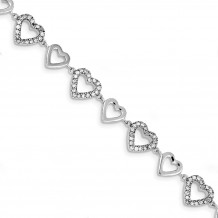 Quality Gold Sterling Silver Rhodium-plated 7in Polished & CZ Hearts Bracelet - QX771CZ
