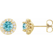 14K Yellow 4 mm Round Blue Zircon & 1/8 Diamond Earrings - 86839629P