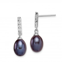 Quality Gold Sterling Silver Rhod-plat 8-9mm Black FWC Pearl CZ Post Dangle Earrings - QE15379