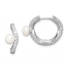 Quality Gold Sterling Silver Rhod-plat 5-6mm White Button FWC Pearl CZ Hoop Earrings - QE15376