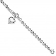 Quality Gold Sterling Silver Polished Rolo   Dangle Heart Charm Bracelet - QG4952-8