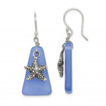 Quality Gold Sterling Silver Blue Sea Glass Starfish Dangle Earrings - QE14249