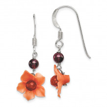 Quality Gold Sterling Silver Garnet Bead & Carnelian Dangle Flower Earrings - QE1300