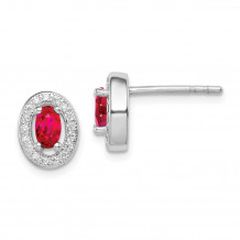 Quality Gold Sterling Silver Rhodium-plated   Red & White CZ Oval Stud Earrings - QE12559