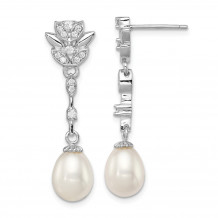 Quality Gold Sterling Silver RH 8-9mm White FWC Pearl CZ Post Dangle Earrings - QE12744