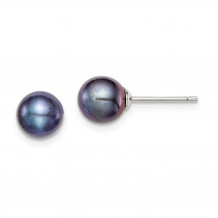 Quality Gold Sterling Silver 7-8mm Black FW Cultured Round Pearl Stud Earrings - QE12703