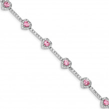 Quality Gold Sterling Silver 7inch Pink and Clear CZ Heart Bracelet - QX413CZ