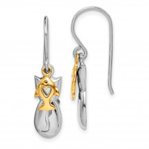 Quality Gold Sterling Silver Rhodium-plated Gold Tone Cat & Fish Dangle Earring - QE15287