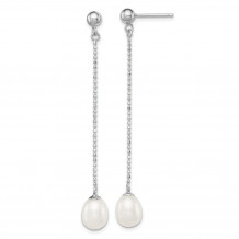 Quality Gold Sterling Silver Rhodium-plated 7-8mm White FWC Pearl Post Dangle Earrings - QE12776