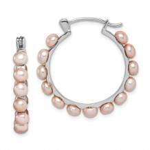 Quality Gold Sterling Silver Rhod-plat 4-5mm Pink FWC Pearl Hoop Earrings - QE15098