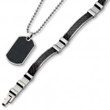 Chisel Stainless Steel Black Carbon Fiber Necklace And Bracelet Set - SRSET3