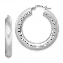 Quality Gold Sterling Silver Rhodium-plated  Polished & Satin Hoop Earrings - QE13127