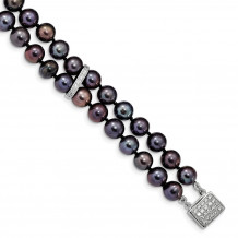 Quality Gold Sterling Silver RH 7-8mm Black FWC Pearl CZ 2-strand Bracelet - QH5420-7.5