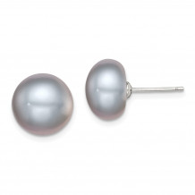 Quality Gold Sterling Silver 11-12mm Grey FW Cultured Button Pearl Stud Earrings - QE12680