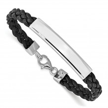Quality Gold Sterling Silver Rhodium-plated Black Braided Leather Bracelet - QG1086-7