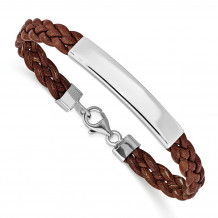 Quality Gold Sterling Silver Rhodium-plated Brown Braided Leather Bracelet - QG1087-7