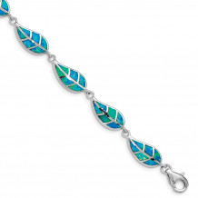 Quality Gold Sterling Silver Rhodium-plated  Blue Opal Inlay Leaf Bracelet - QG4823-7.5