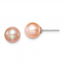 Quality Gold Sterling Silver 8-9mm Pink FW Cultured Round Pearl Stud Earrings - QE12723