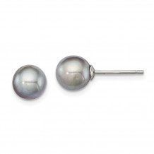 Quality Gold Sterling Silver 7-8mm Grey FW Cultured Round Pearl Stud Earrings - QE12714
