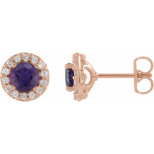 14K Rose 4 mm Round Amethyst & 1/8 Diamond Earrings - 86839642P