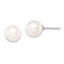 Quality Gold Sterling Silver 9-10mm White FW Cultured Round Pearl Stud Earrings - QE12736