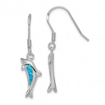 Quality Gold Sterling Silver  Blue Opal Inlay Dolphin Dangle Earrings - QE7442