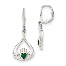 Quality Gold Sterling Silver Green CZ Heart Leverback Claddagh Dangle Earrings - QE12571