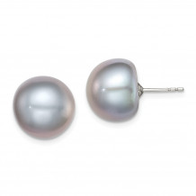 Quality Gold Sterling Silver 12-13mm Grey FW Cultured Button Pearl Stud Earrings - QE12681