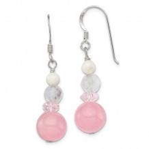 Quality Gold Sterling Silver Pink & White Crystal Jade Mother of Pearl Dangle Earrings - QE6326