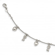 Quality Gold Sterling Silver Heart & Key Dangle Bracelet - QG4853-6.75