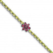 Quality Gold Sterling Silver Rhodium-plated Peridot & Rhodolite Flower Bracelet - QG4925-7.5