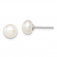 Quality Gold Sterling Silver 7-8mm White FW Cultured Button Pearl Stud Earrings - QE7685