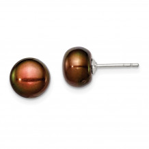 Quality Gold Sterling Silver 8-9mm Brown FW Cultured Button Pearl Stud Earrings - QE7683