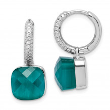 Quality Gold Sterling Silver Rhodium-plated CZ & Green Cat's Eye Hinged Hoop Earrings - QE15386