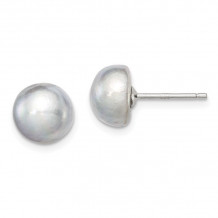 Quality Gold Sterling Silver 8-9mm Grey FW Cultured Button Pearl Stud Earrings - QE7670