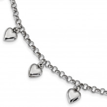 Quality Gold Sterling Silver Rhodium Plated Polished Puffed Heart Charm Bracelet - QG4598-7
