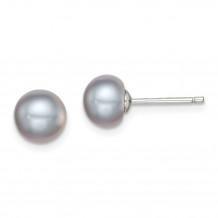 Quality Gold Sterling Silver 7-8mm Grey FW Cultured Button Pearl Stud Earrings - QE12678